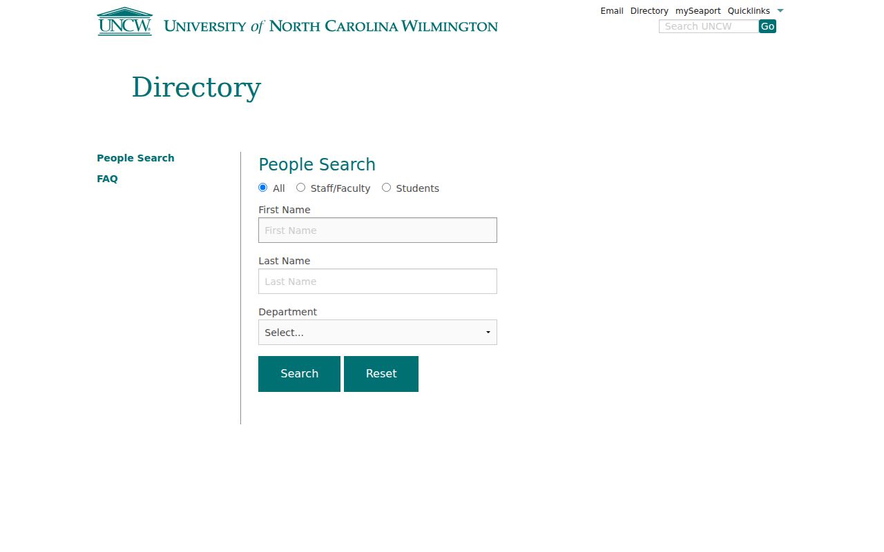 Wilmington people directories screenshot of UNCW People Search