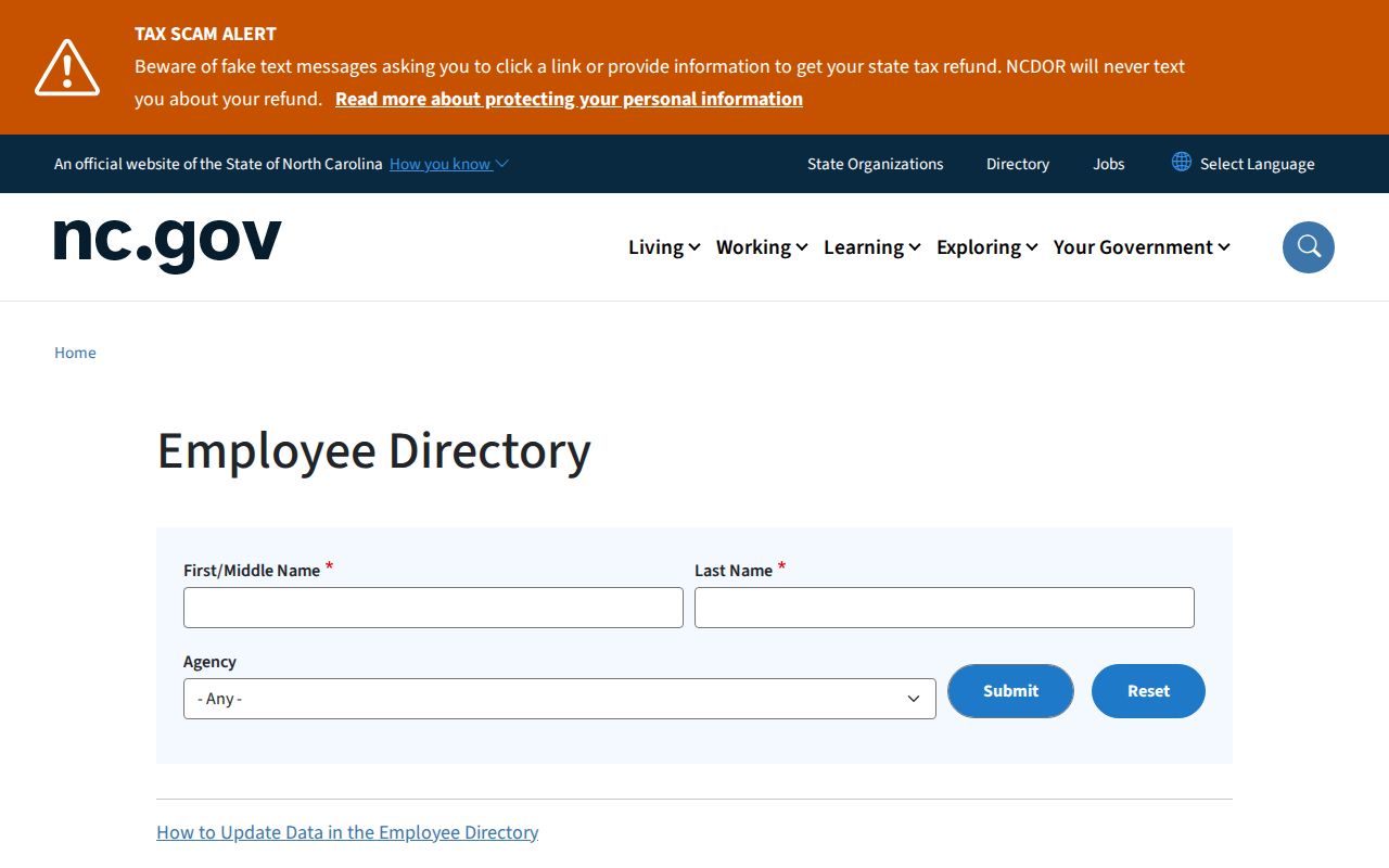 Wilmington people directories screenshot of the North Carolina employee directory