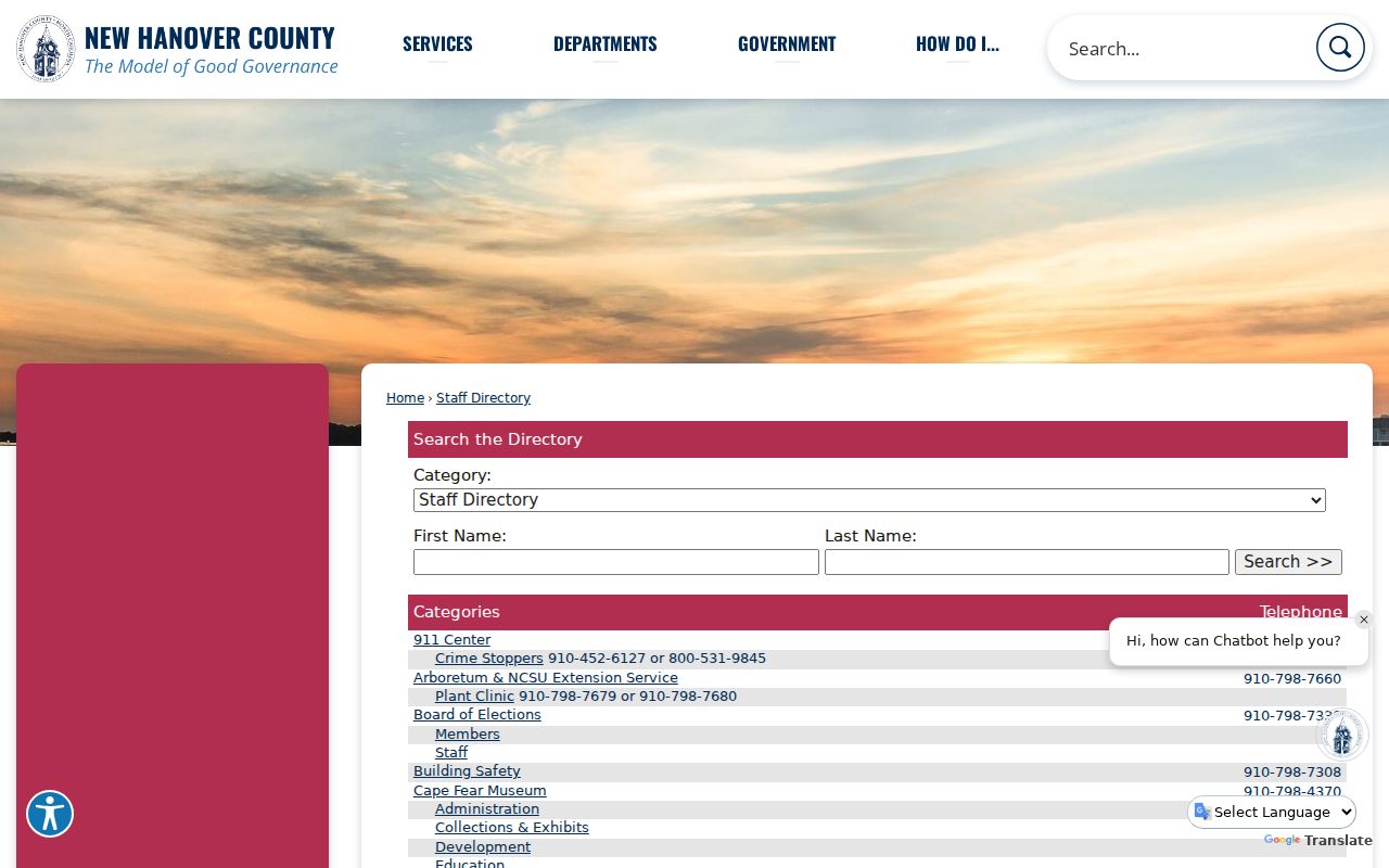 Wilmington people directories screenshot of the New Hanover County staff directory