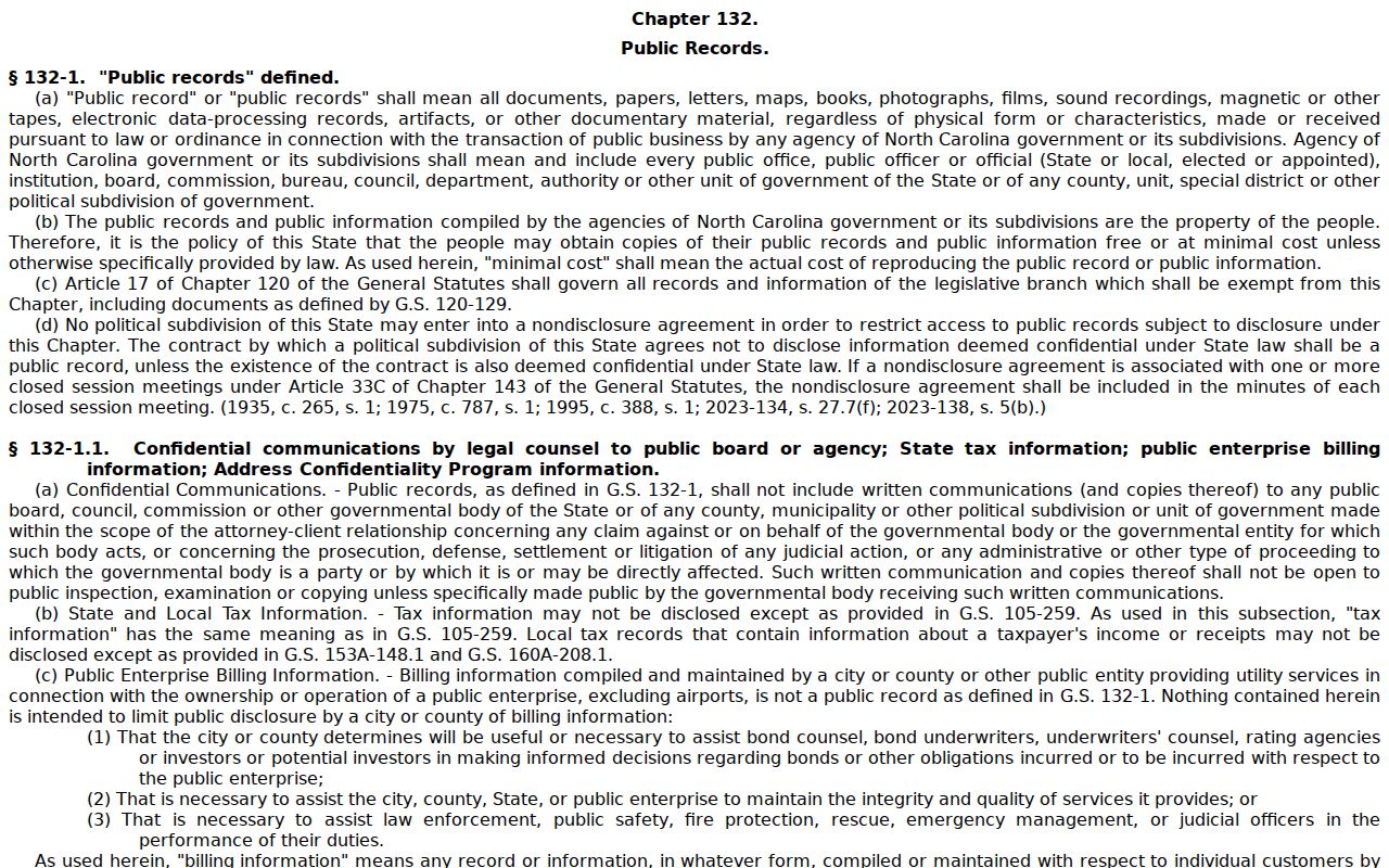 Wilmington public records law in North Carolina Chapter 132