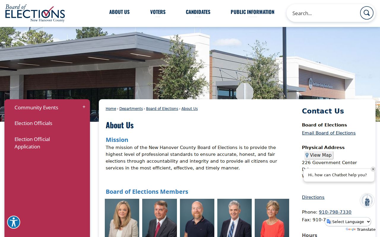 Wilmington voter registration office contact page for New Hanover County